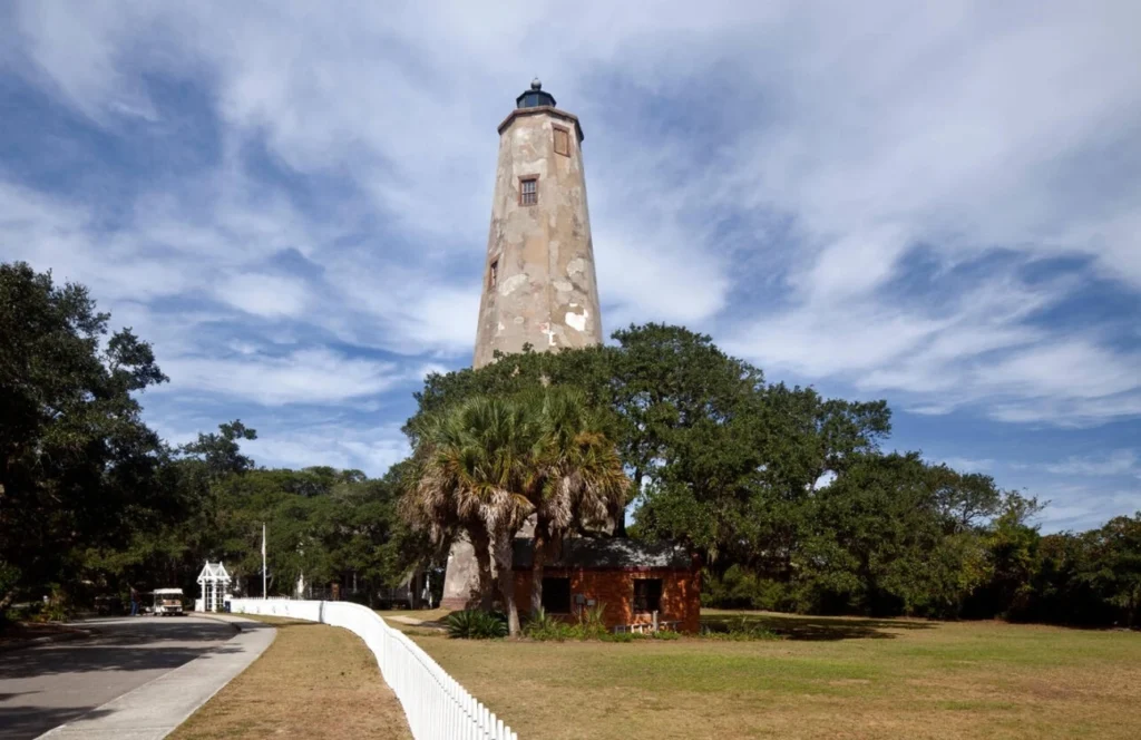 Old Baldy Lighthouse on Bald Head Island, a historic landmark near North Carolina beaches