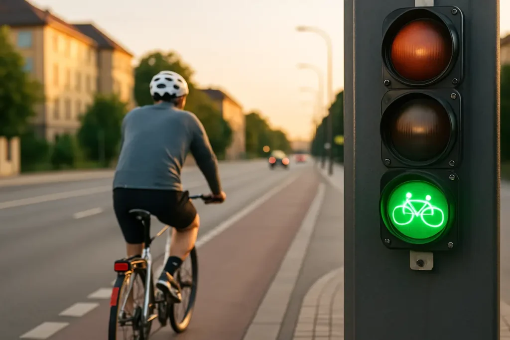 A cyclist riding in a bike lane with a green bicycle traffic light, demonstrating proper right-of-way according to Bike Lane Rules California.