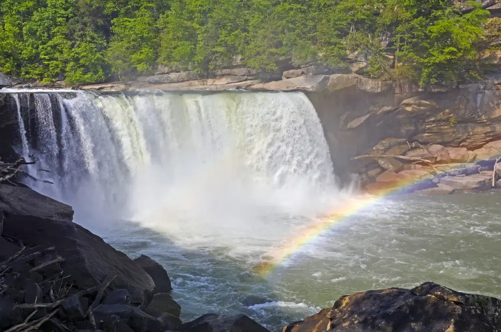 Cumberland Falls in Kentucky showcasing the rare moonbow, a natural double rainbow at night.