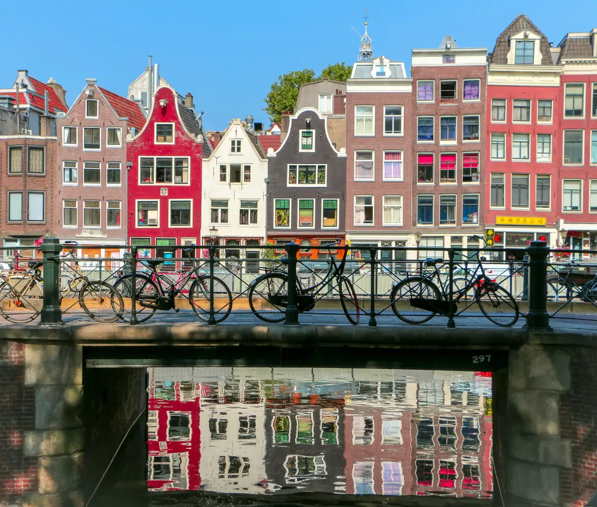 Colorful canal houses and bicycles on a bridge in Amsterdam, one of the Best Cities in Europe to Visit.