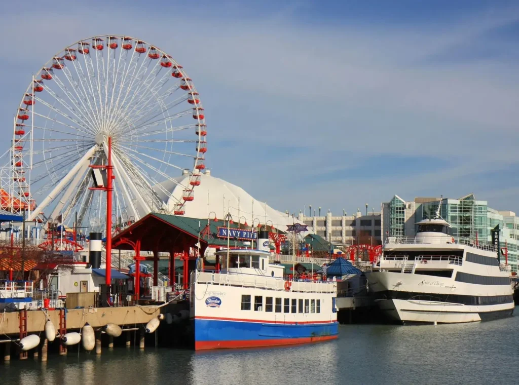 The Centennial Wheel and tour boats at Navy Pier in Streeterville, one of the safest neighborhoods in Chicago.
