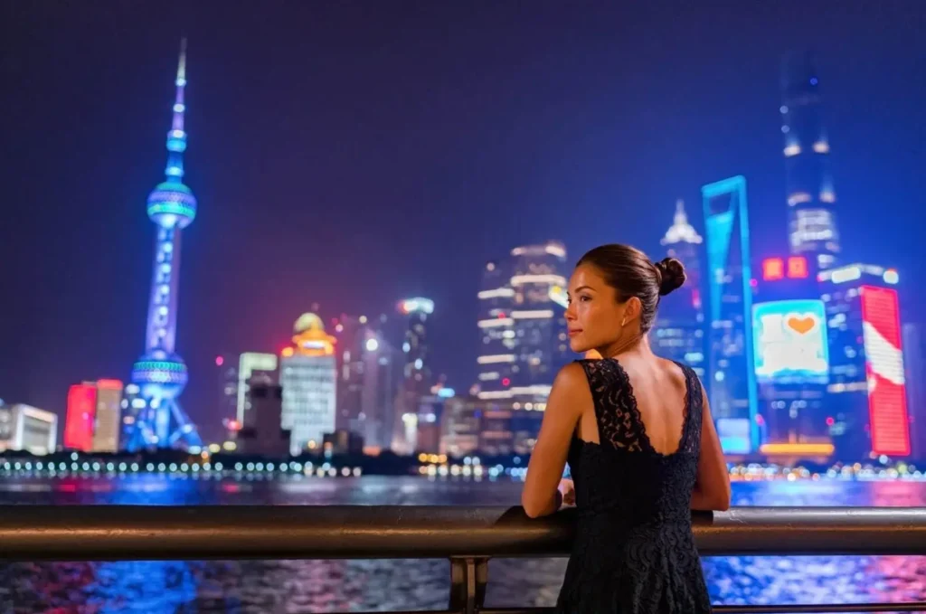 A woman looking at the illuminated skyline from The Bund in Shanghai, one of the top cities in Asia for sophisticated nightlife.
