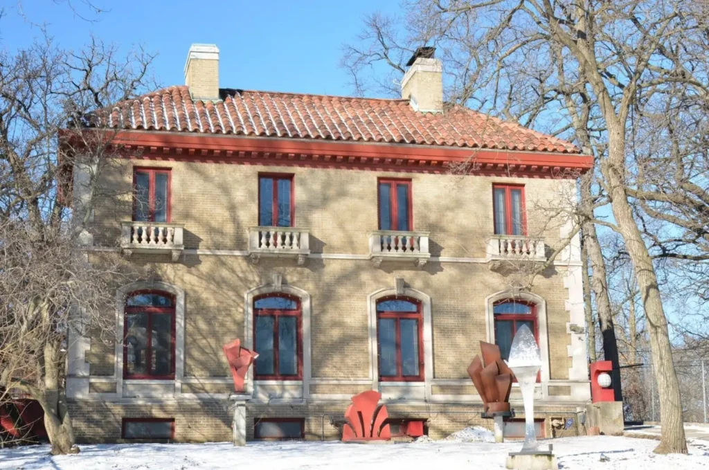 The Beverly Arts Center, a historic building in Beverly, one of the safest neighborhoods in Chicago, during winter.