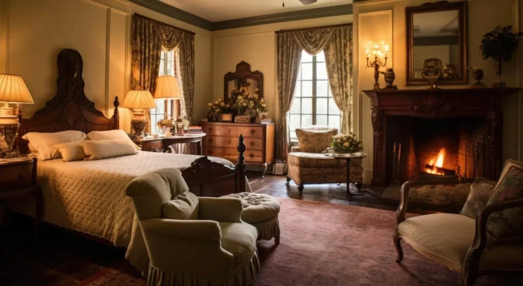 A luxurious and romantic hotel room in New England with a large bed, antique furniture, and a fire burning in the fireplace.