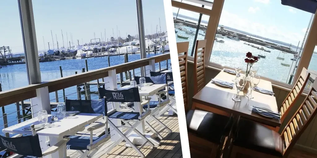 Two scenic New England waterfront dining areas showcasing romantic outdoor and indoor restaurant settings with ocean views