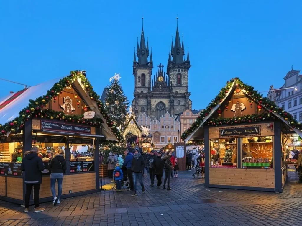 The Prague Christmas Market in the Old Town Square, one of the best Christmas markets in Europe, with festive stalls and the Gothic Church of Our Lady before Týn in the background.