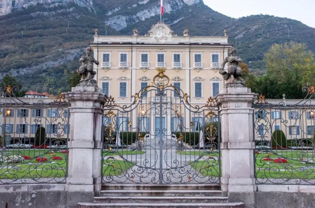 Villa Sola Cabiati Lake Como private neoclassical villa with ornate iron gate and lake access